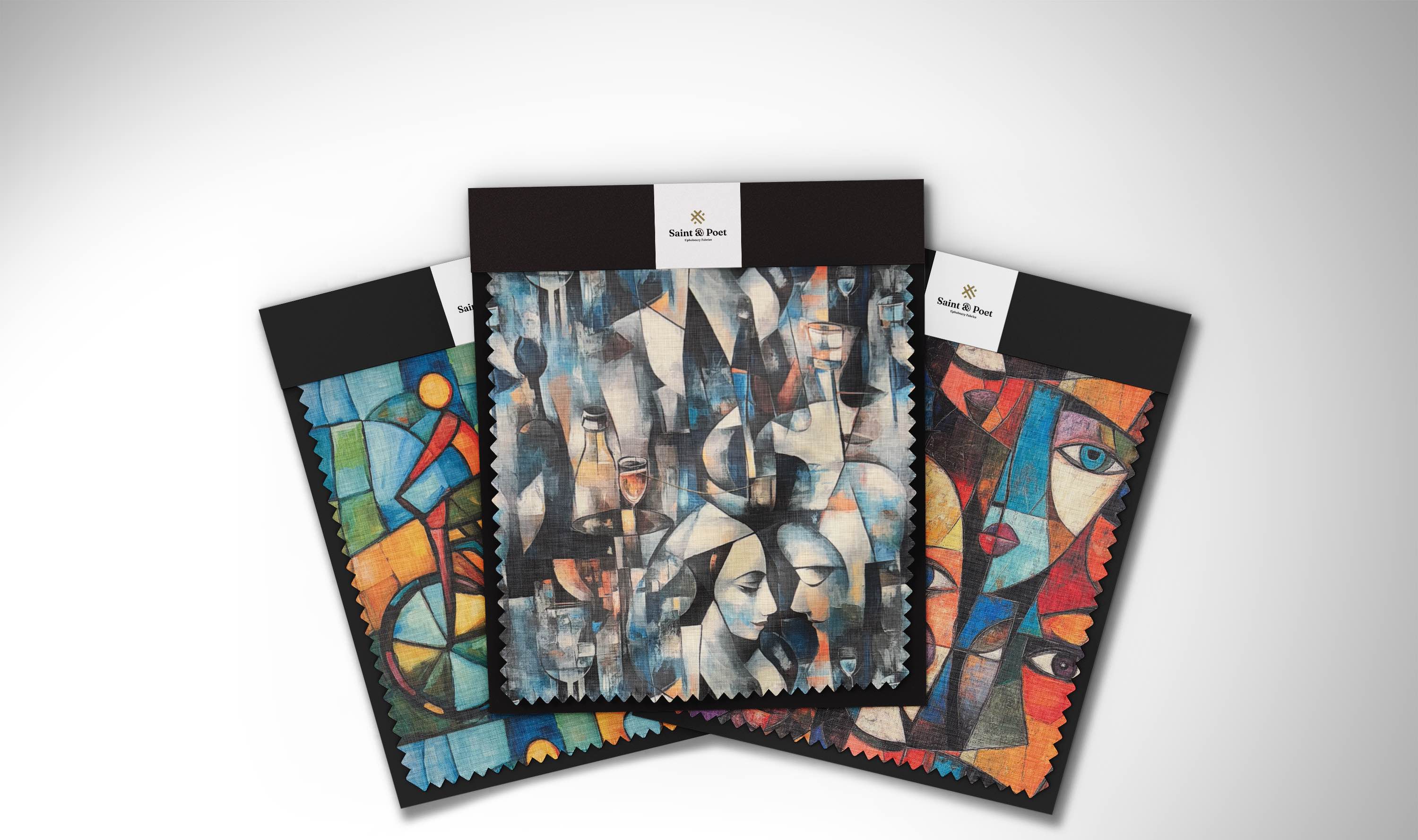 Three fabric swatch cards from The Mougin Upholstery Fabric Collection, showcasing bold cubist-inspired patterns and vibrant colors.