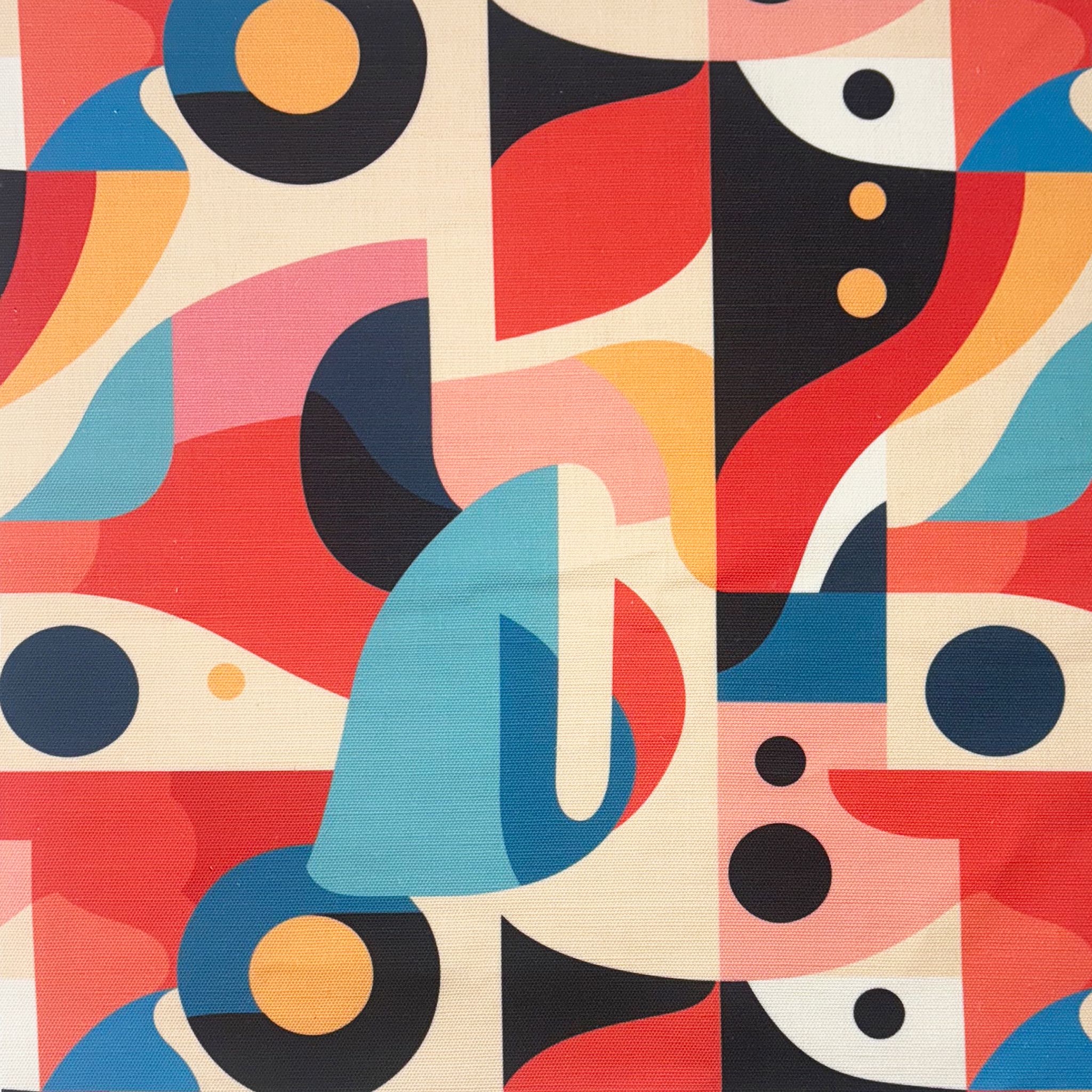 Abstract No.10 luxury upholstery fabric in blue, red, pink, and black with interlocking abstract shapes – flat design