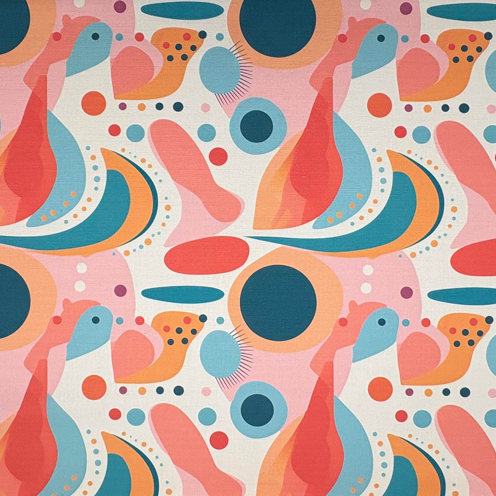 Abstract No.11 luxury upholstery fabric in blue, orange, pink, and teal with abstract circles – flat design