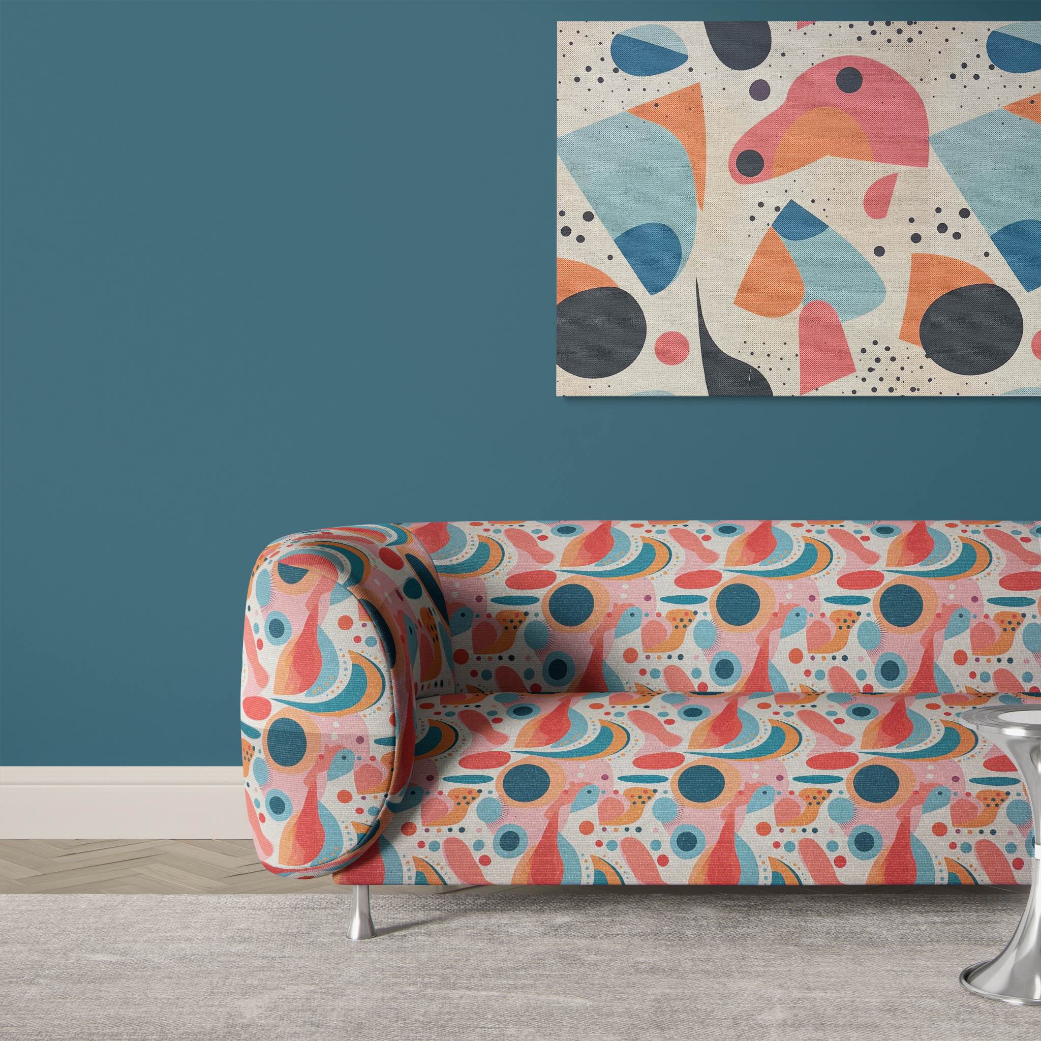 Ruffled view of Abstract No.11 upholstery fabric in blues, orange, pink, and teal with abstract circle patterns