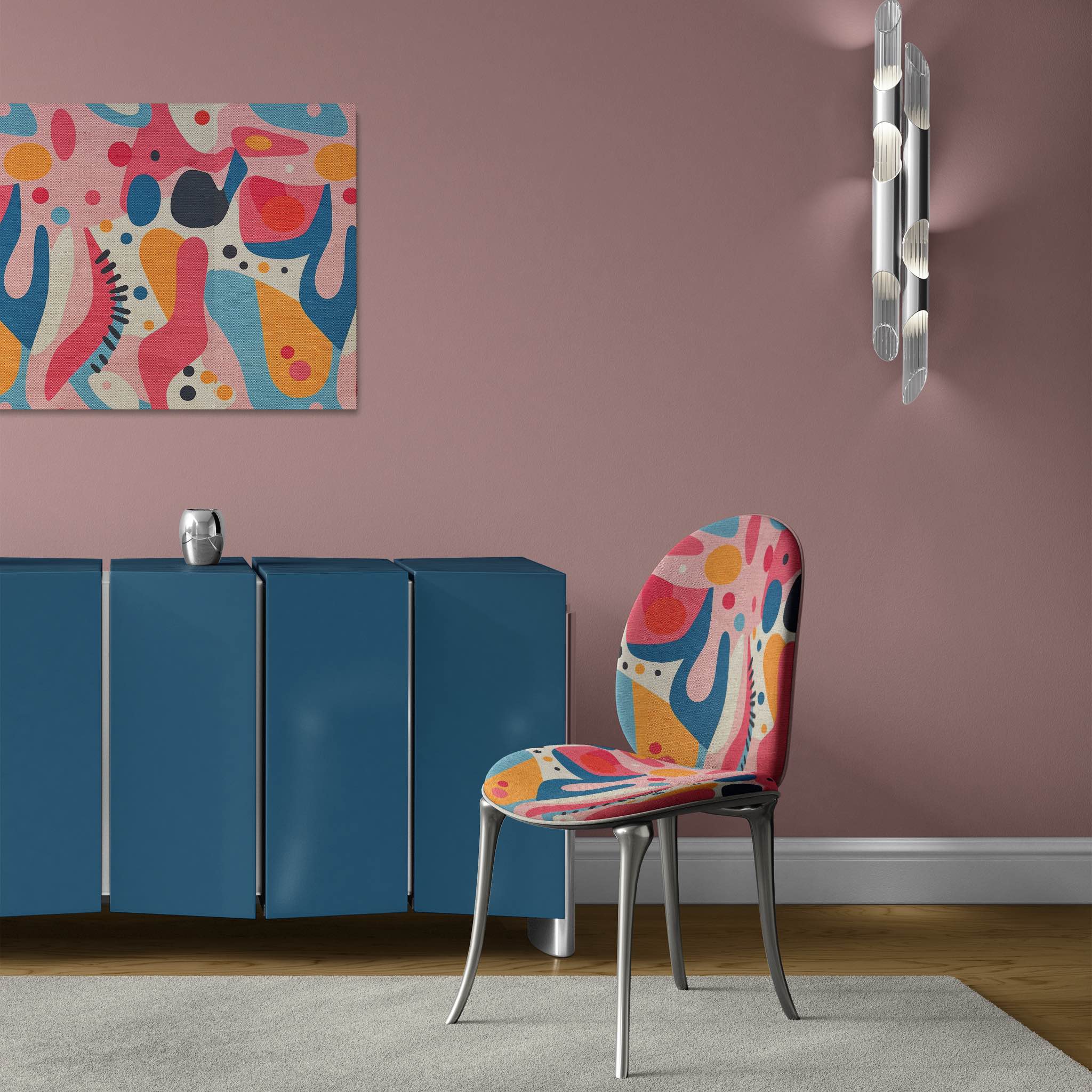 Abstract No.12 Upholstery Fabric chair in a contemporary pink room featuring vibrant and playful shapes.