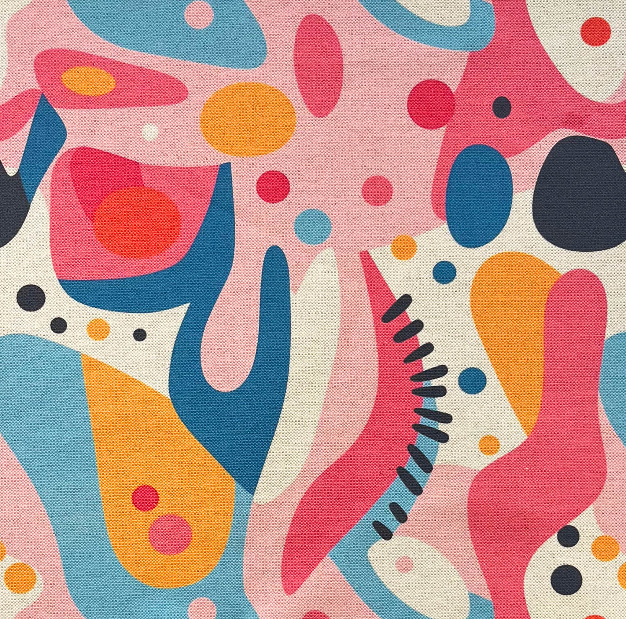 Abstract No.12 Upholstery Fabric showcasing bold, colorful shapes with pink, blue, and yellow tones.