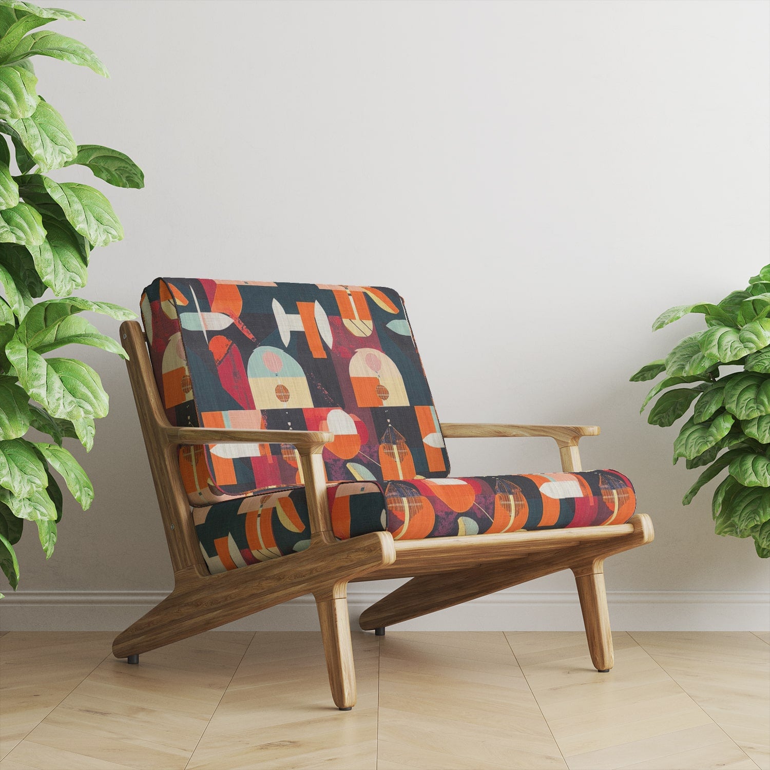 A modern wooden chair upholstered in Abstract No.13 fabric, showcasing its bold geometric design and rich color palette.