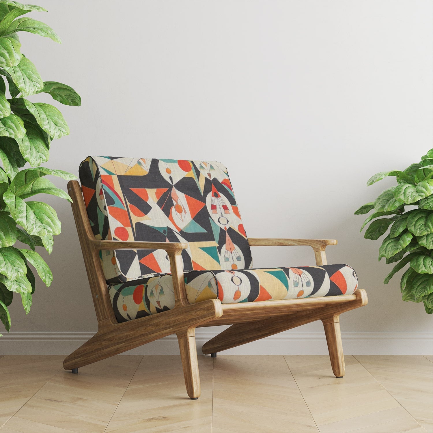 A modern wooden chair upholstered in Abstract No.15 fabric, showcasing its striking geometric design and vibrant color palette.