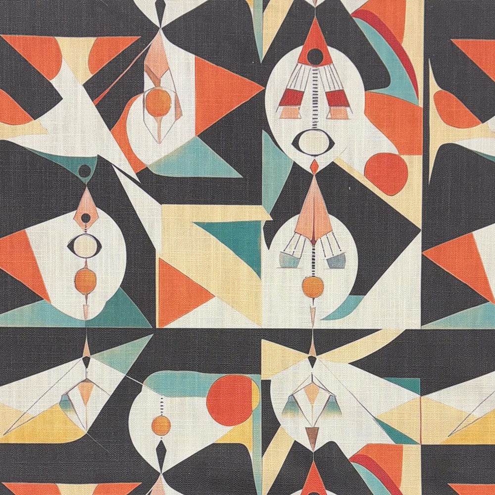 A luxury designer upholstery fabric featuring a bold geometric abstract pattern in black, burnt orange, beige, and teal.