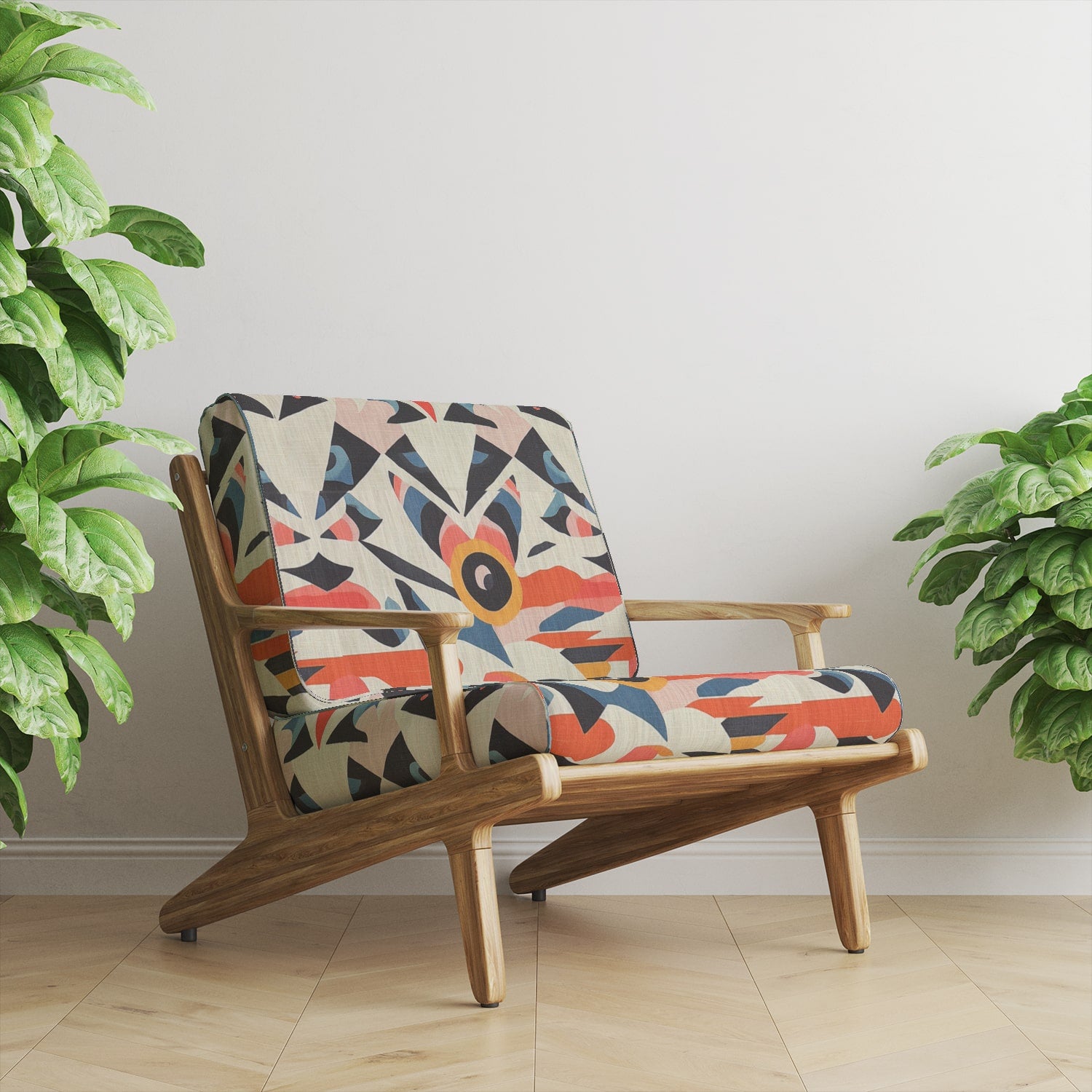 A modern accent chair upholstered in Abstract No.16 luxury upholstery fabric, showcasing its dynamic geometric design and striking color palette.