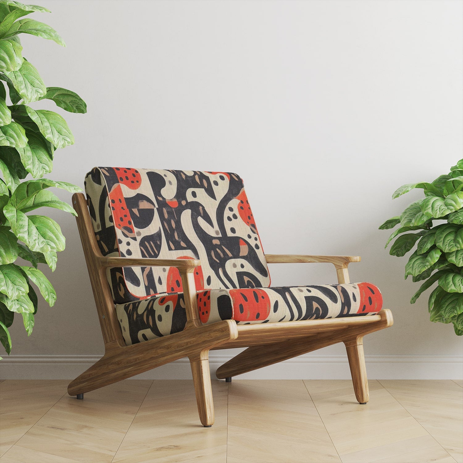 A modern accent chair upholstered in Abstract No.17 fabric, showcasing its fluid pattern and striking contrast.