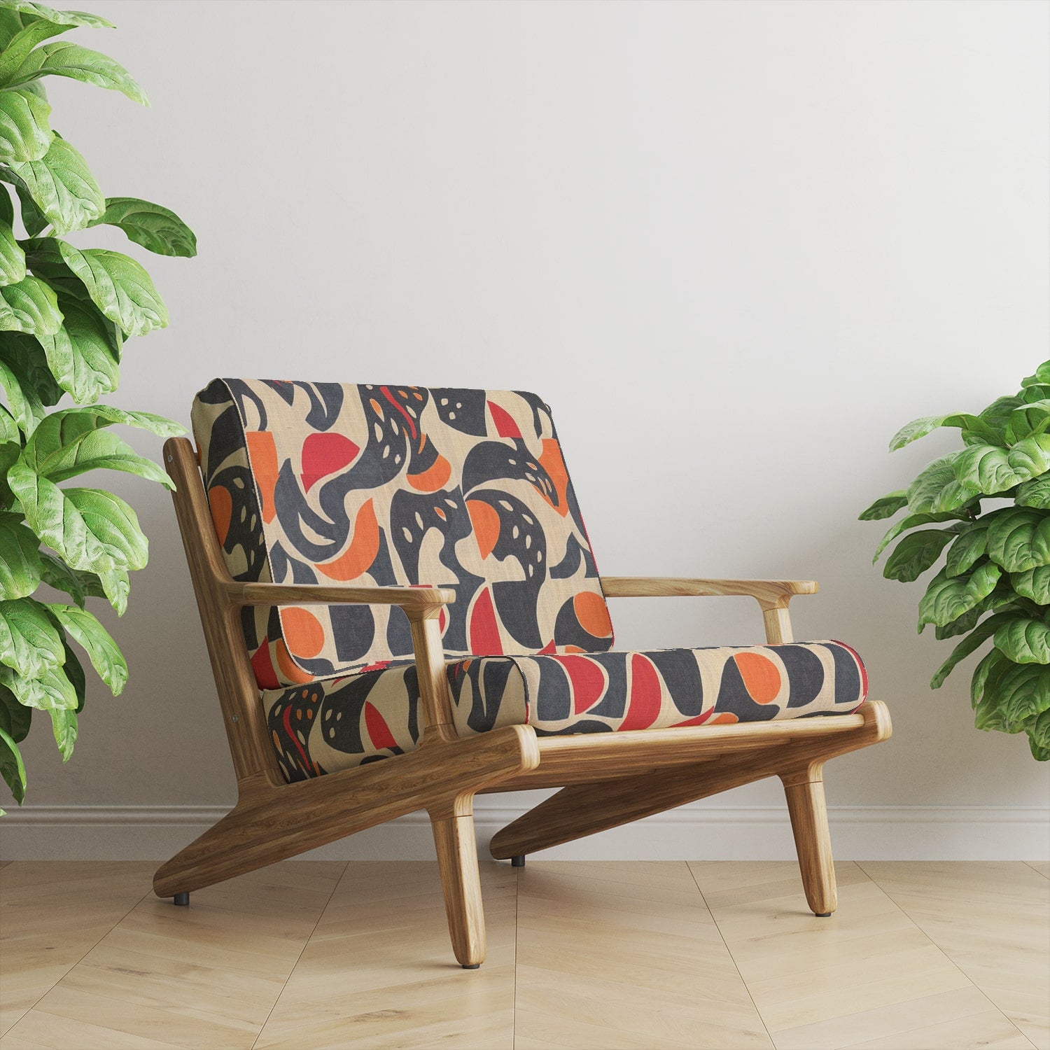 A contemporary wooden chair upholstered in Abstract No.18 fabric, highlighting its abstract pattern and rich color contrast.