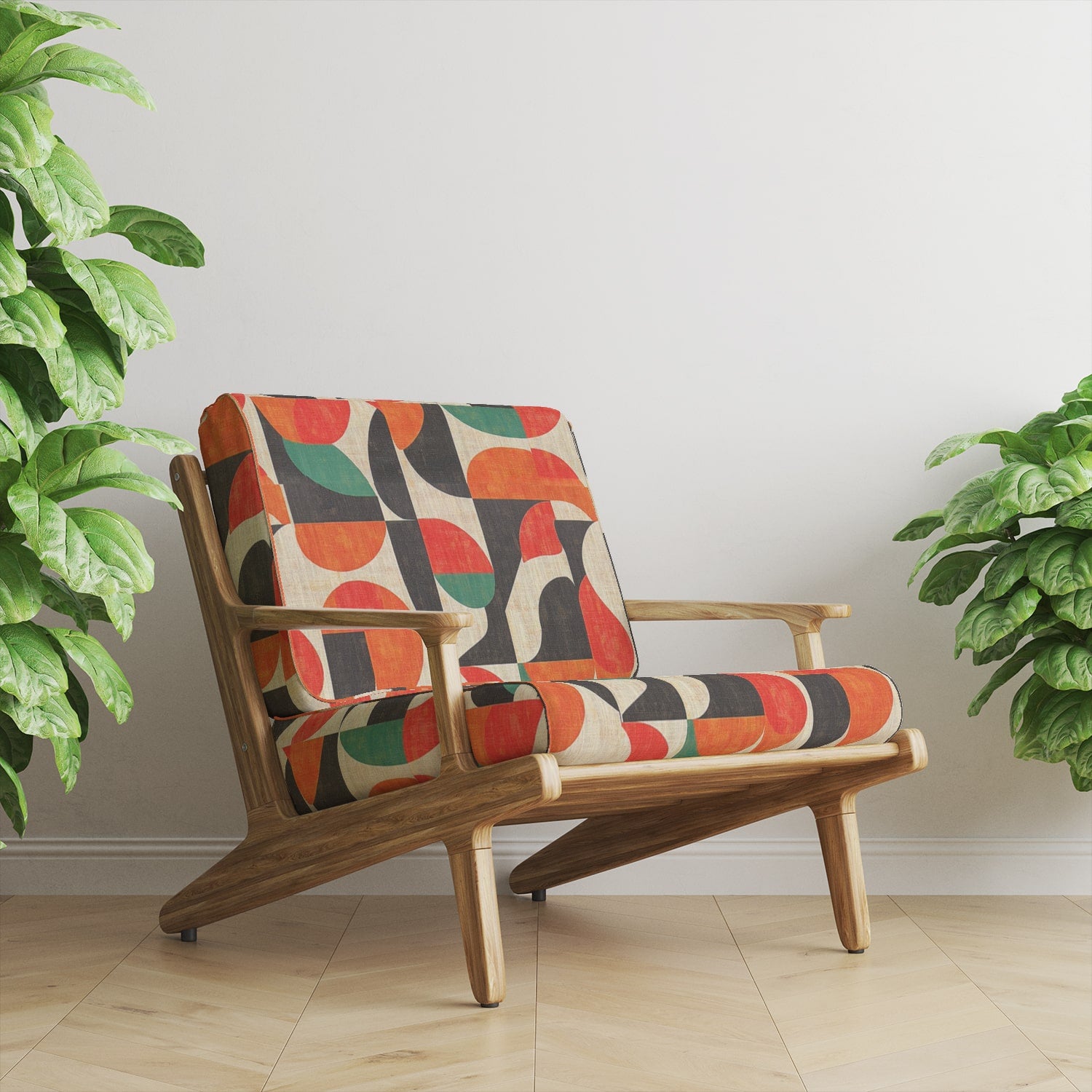 A mid-century modern chair upholstered in Abstract No.22 fabric, highlighting its cubist-inspired geometric pattern.