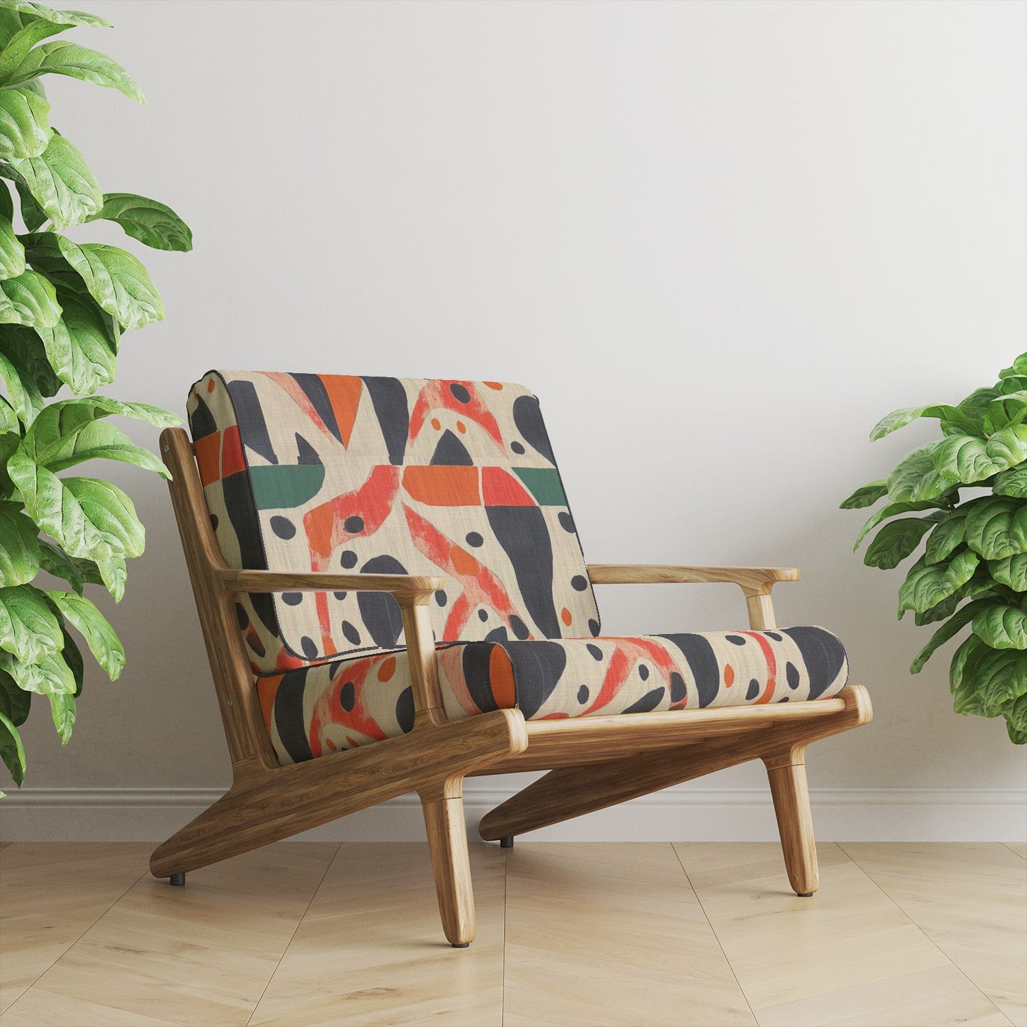 A modern wooden chair upholstered in Abstract No.23 fabric, showcasing its bold organic pattern and dynamic color contrast.