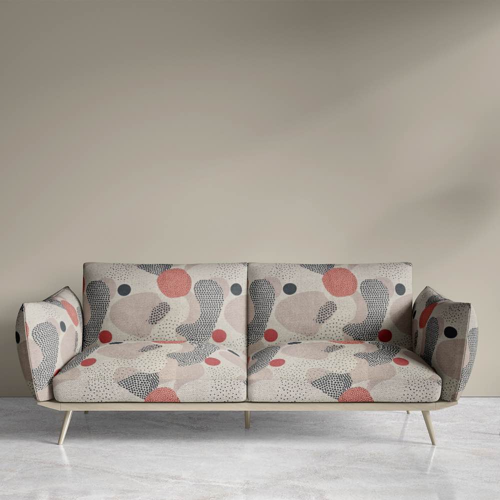 Sofa view of Abstract No.8 upholstery fabric in beige and orange with abstract circle pattern