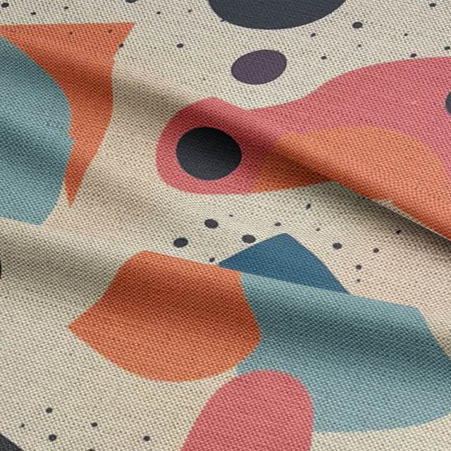 Abstract No.9 high-end upholstery fabric in neutral, blue, orange, and pink on furniture – luxury abstract circle design