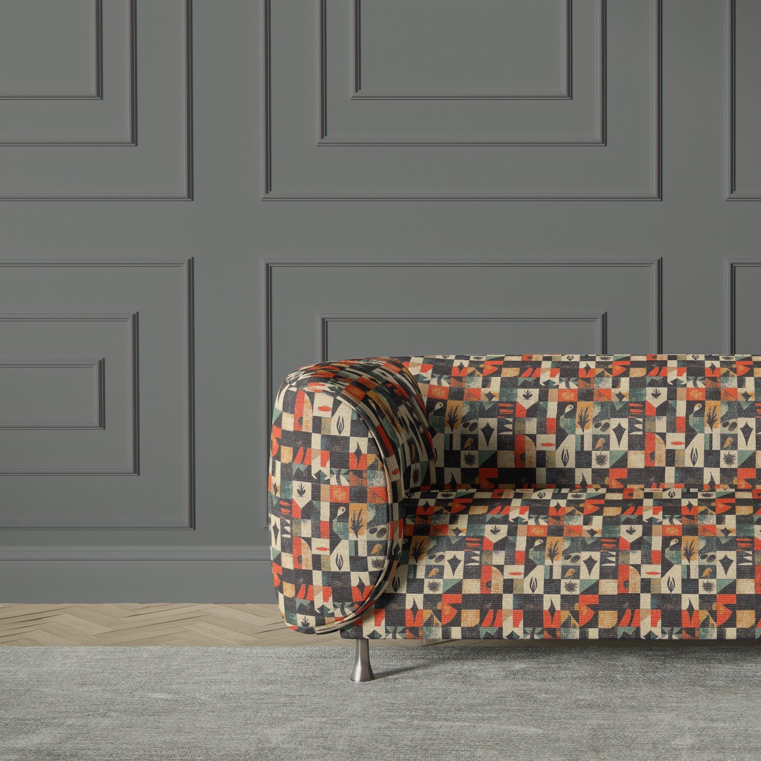 Modern sofa upholstered in Atelier No.11 upholstery fabric, highlighting its bold artistic design.