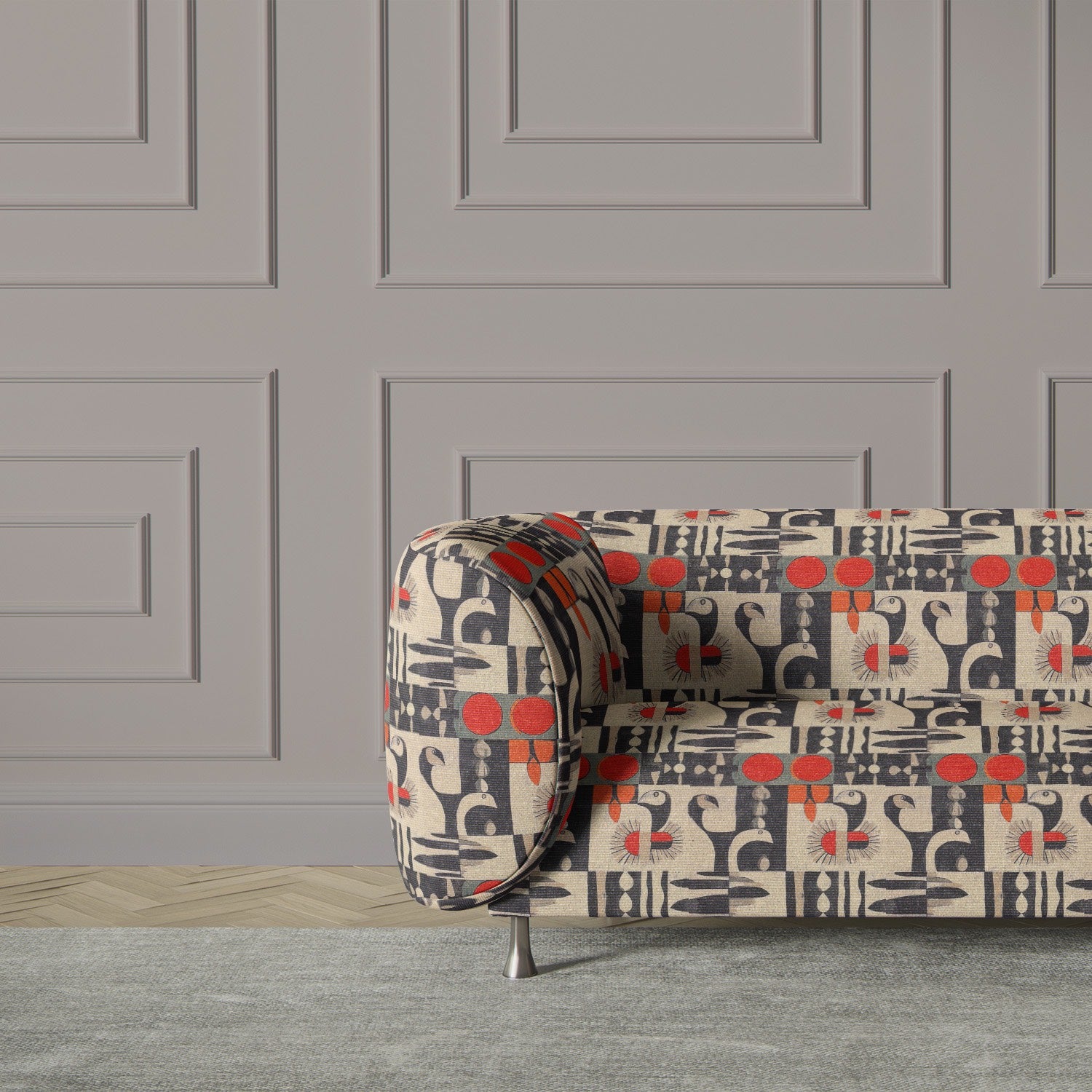 Modern sofa upholstered in Atelier No.12 fabric, featuring geometric patterns