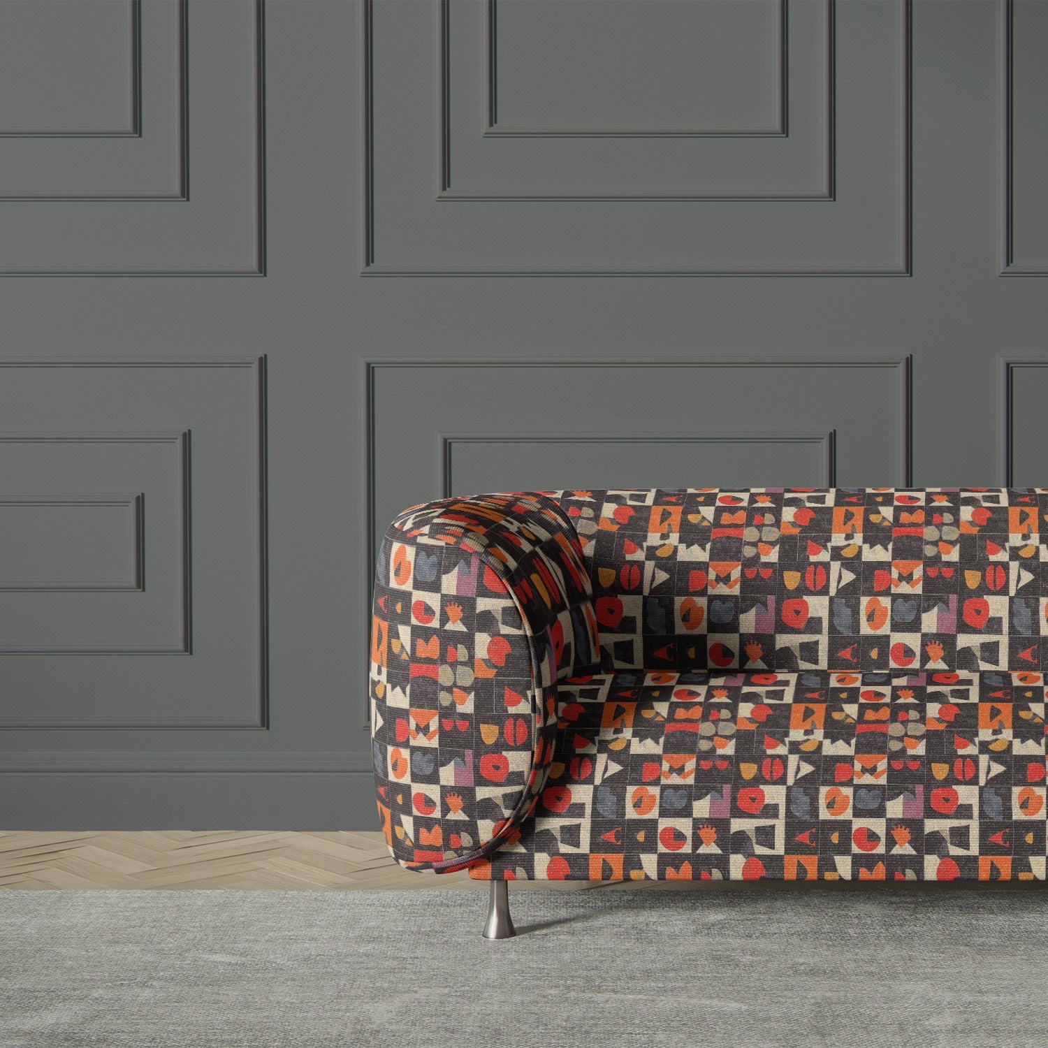 Atelier No.14 upholstery fabric styled on a contemporary sofa, highlighting its artistic appeal.