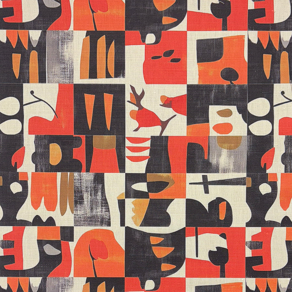 Atelier No.1 upholstery fabric with bold geometric shapes in terracotta, black, and muted gold, inspired by abstract modernist design.