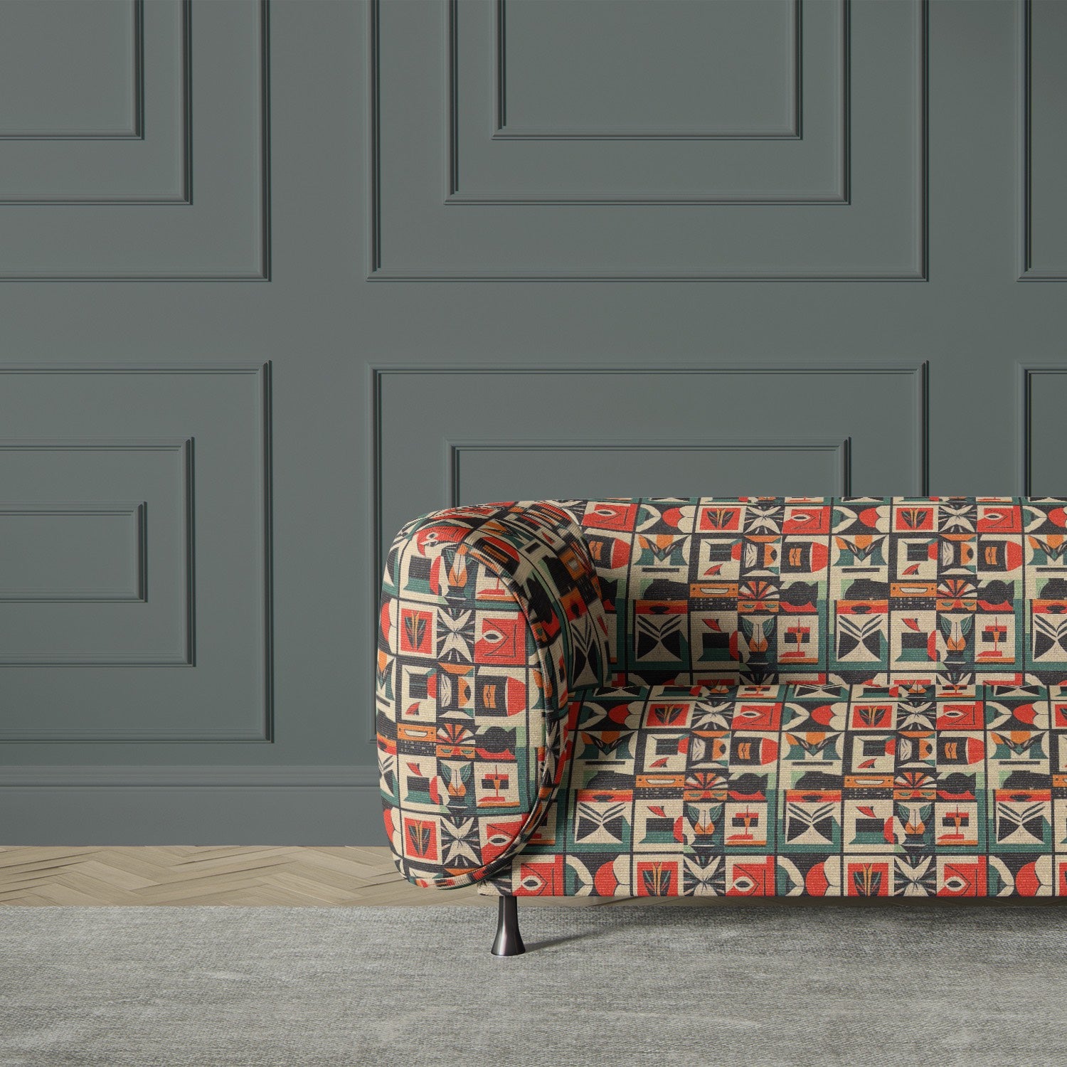 Luxury sofa upholstered in Atelier No.2 upholstery fabrics, featuring a modernist geometric design in rich earthy tones, creating a bold interior statement.