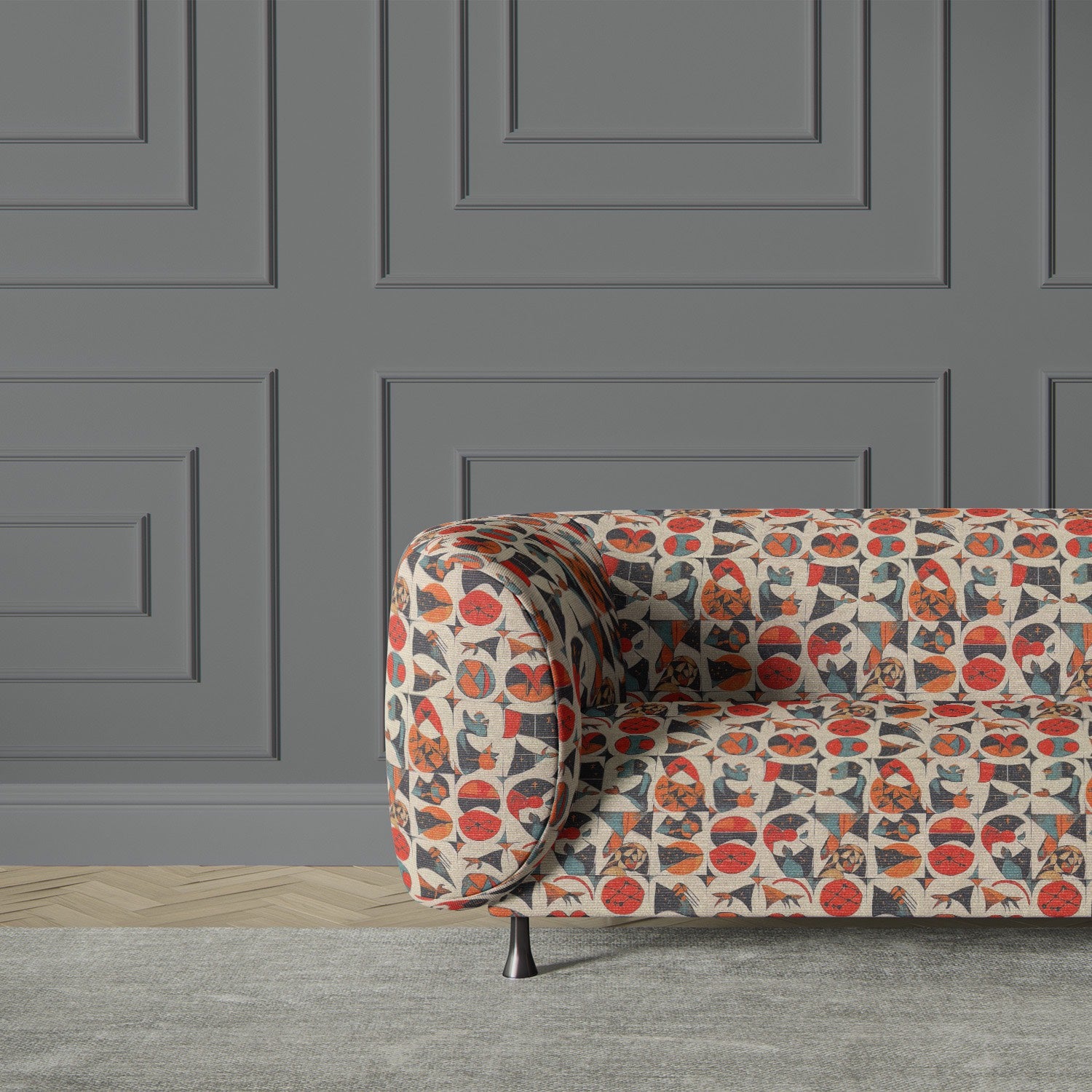 Luxury sofa upholstered in Atelier No.5 upholstery fabrics, featuring cosmic-inspired abstract patterns in rich earthy tones for a bold, artistic statement.