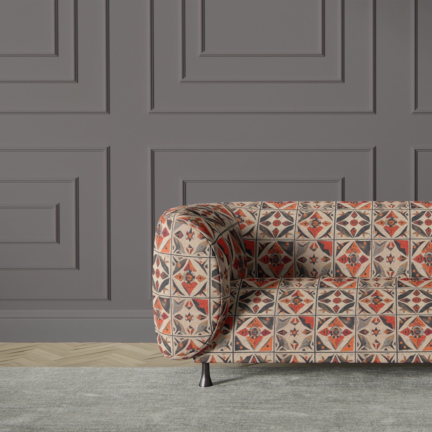 Luxury sofa upholstered in Atelier No.7 upholstery fabrics, featuring heritage-inspired patterns in warm earthy tones for a bold and elegant statement piece.