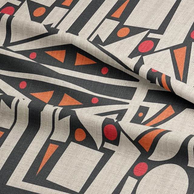 Avant No.15 luxury upholstery fabric in black with pops of colour on natural background for sofas – cubism pattern design