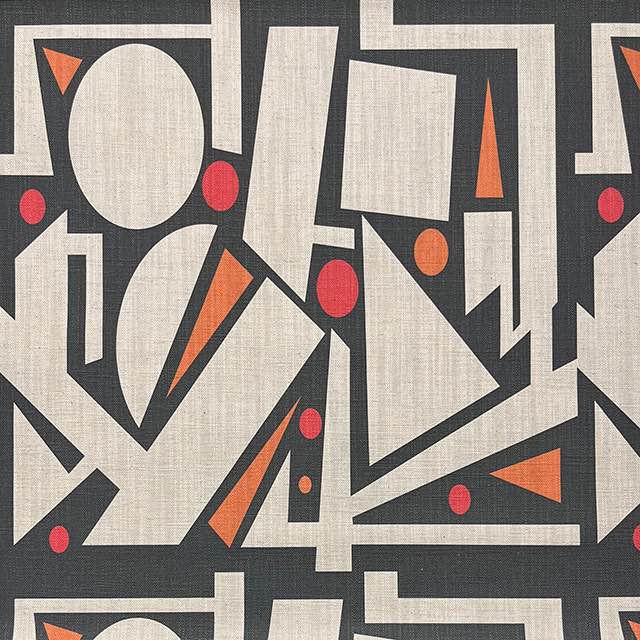 Avant No.16 luxury upholstery fabric in black with pops of colour on natural background – cubism shape pattern – flat design