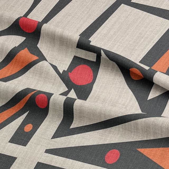 Avant No.Avant No.16 luxury upholstery fabric in black with pops of colour on natural background for chairs – cubism pattern design