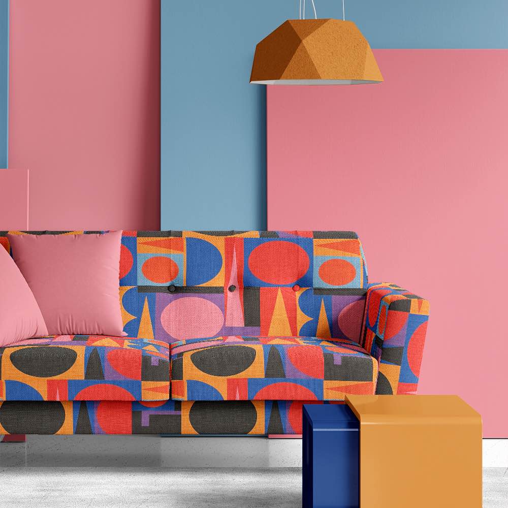 Ruffled view of Avant No.18 upholstery fabric in bright bold multicolour with cubism pattern