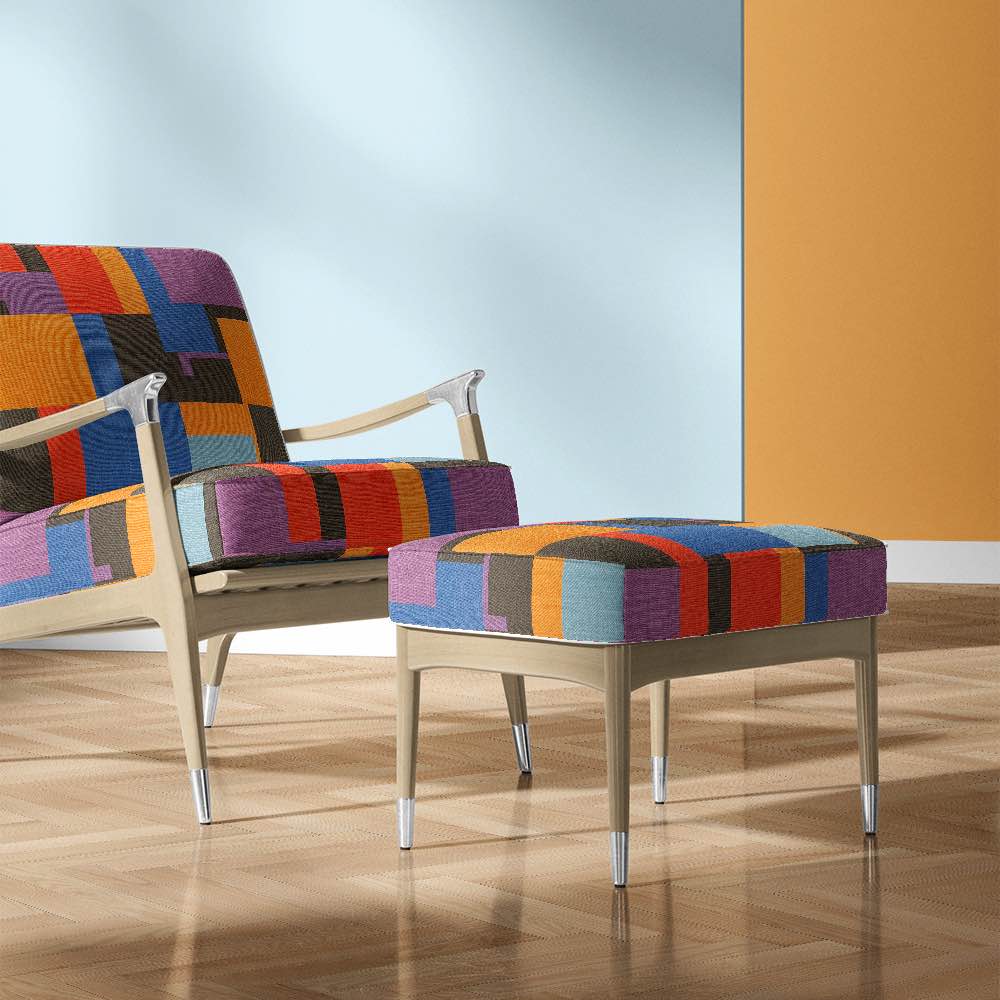 Upholstery view of Avant No.19 upholstery fabric in bright bold multicolour with cubism rectangle pattern