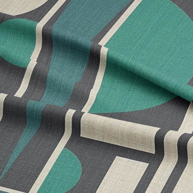 Avant No.1 luxury upholstery fabric in teal green, black, and natural for sofas – cubism pattern design