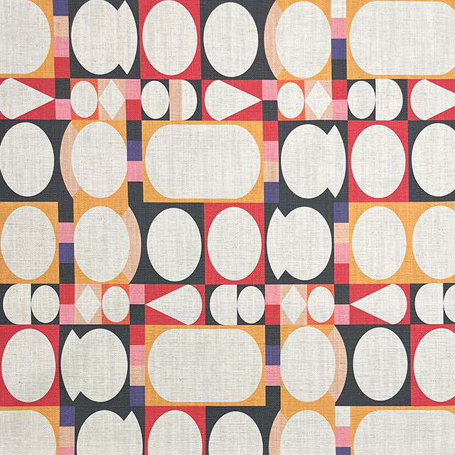 Avant No.2 luxury upholstery fabric in red, yellow, black, and purple with cubism shape pattern – flat design