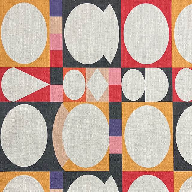 Avant No.3 luxury upholstery fabric in red, yellow, black, and purple with cubism shape pattern – flat design