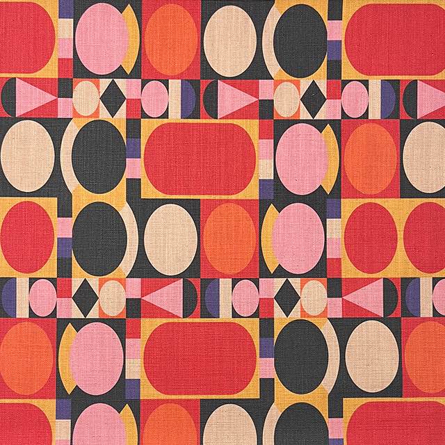 Avant No.4 luxury upholstery fabric in red, yellow, black, purple, and pink with cubism shape pattern – flat design