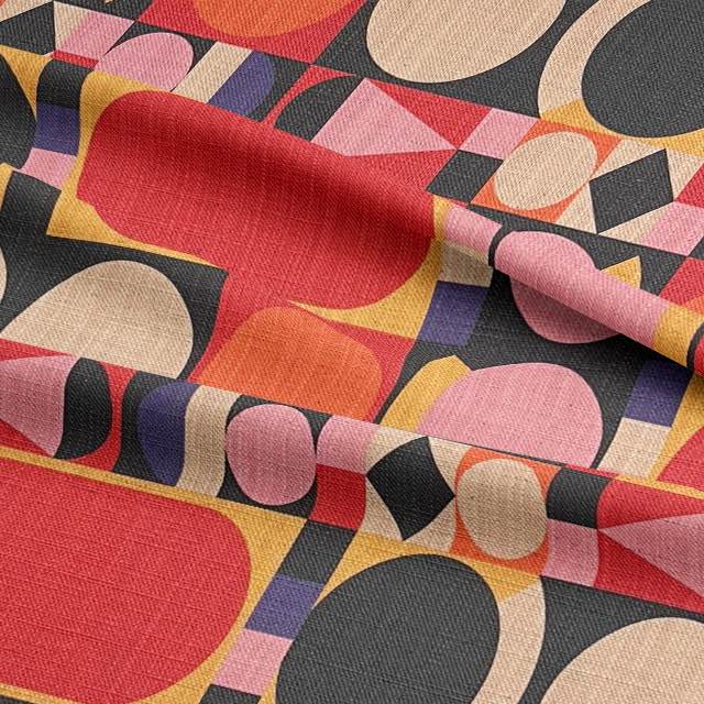 Avant No.4 luxury upholstery fabric in red, yellow, black, purple, and pink for chairs – cubism pattern design