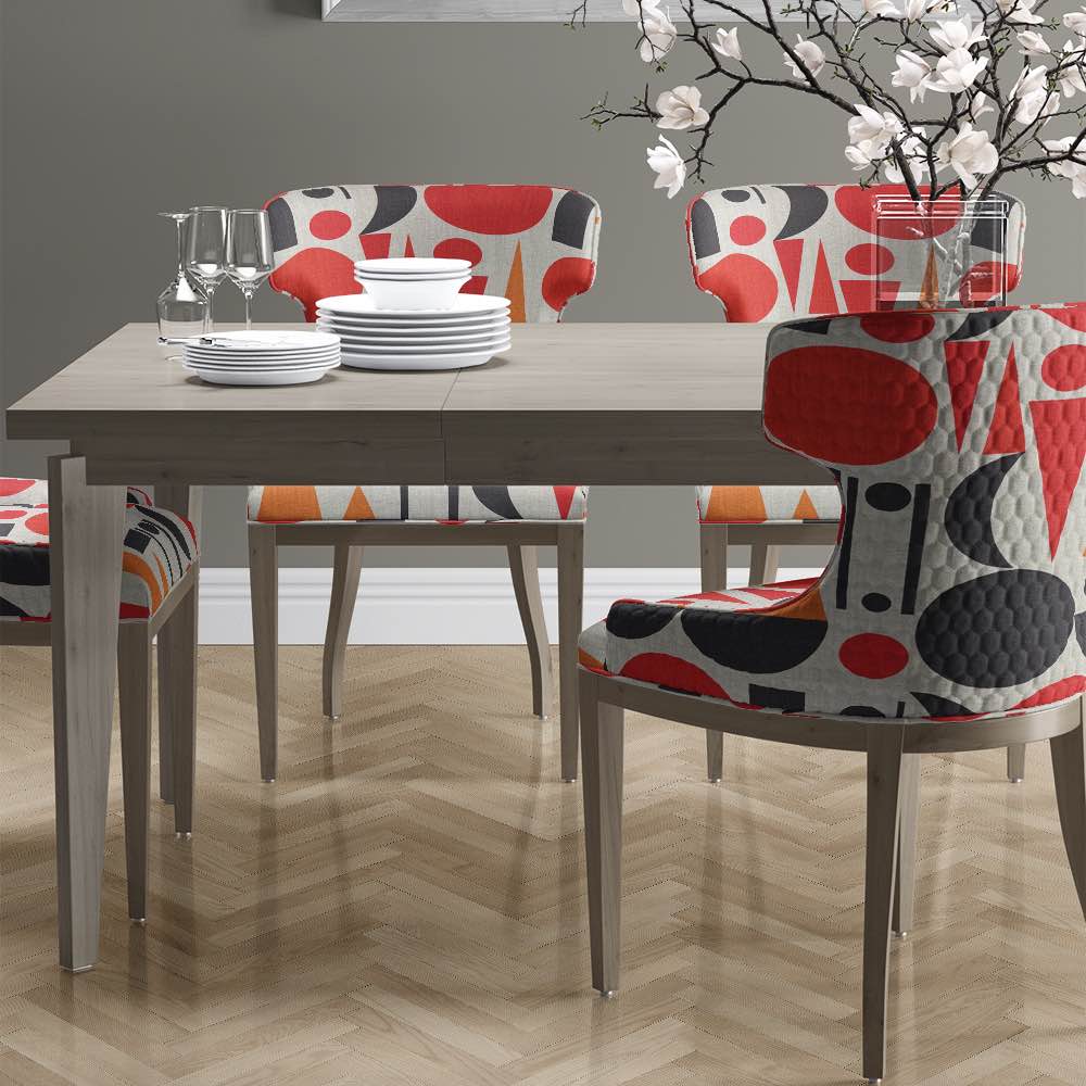 Dining room chairs of Avant No.7 upholstery fabric in red and black on natural with cubism pattern Fabric image 1