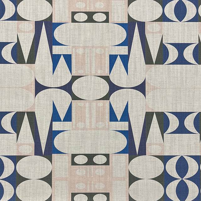 Avant No.8 luxury upholstery fabric in black and blues on natural with cubism shape pattern – flat design