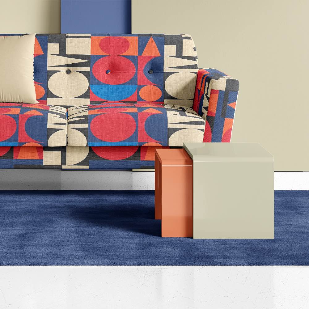 Ruffled view of Avignon No.14 upholstery fabric in multicoloured bright and bold with cubism shapes