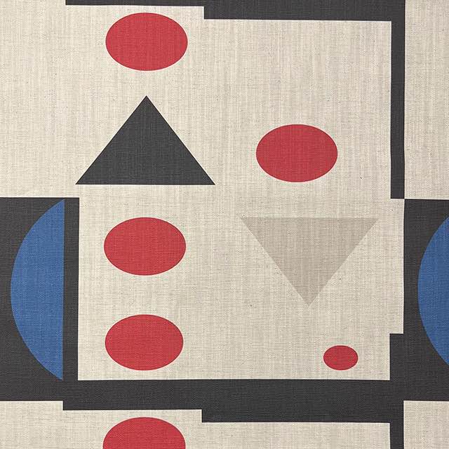 Avignon No.3 luxury upholstery fabric in natural with black, red, and blue accents and cubism shapes – flat design