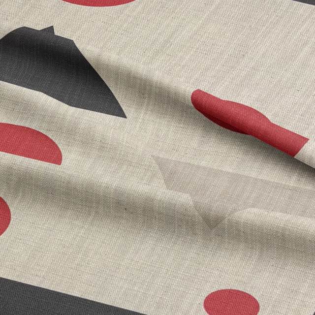 Avignon No.3 luxury upholstery fabric in natural with black, red, and blue for chairs – cubism shapes design