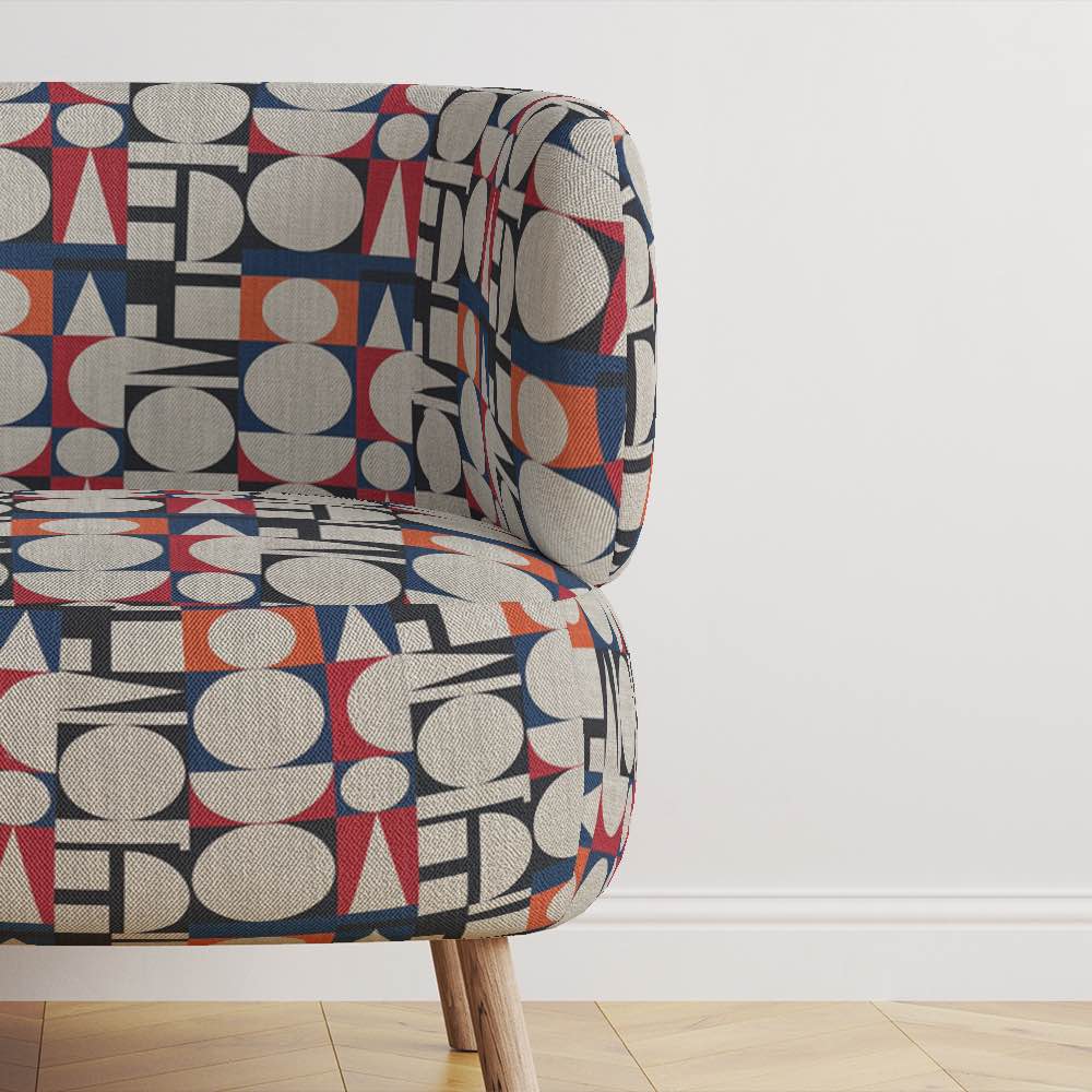 Upholstered Chair of Avignon No.8 upholstery fabric in multicoloured and natural tones with cubism shapes