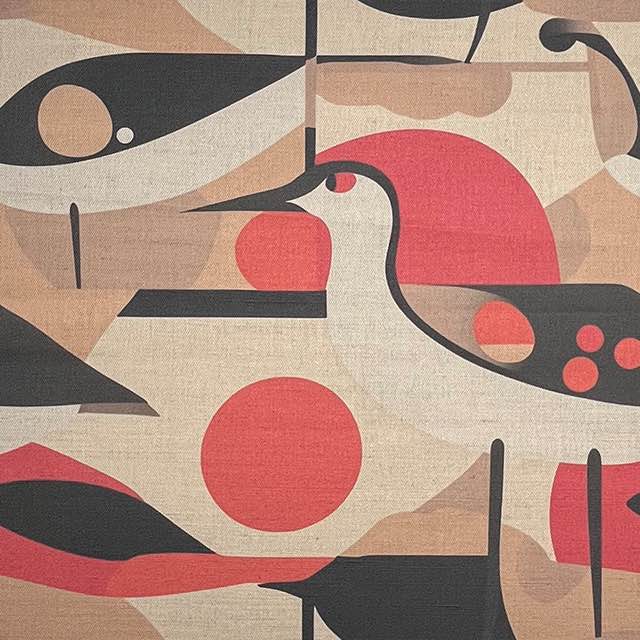 Bird No.10 luxury upholstery fabric in neutral palette with abstract bird design – flat design