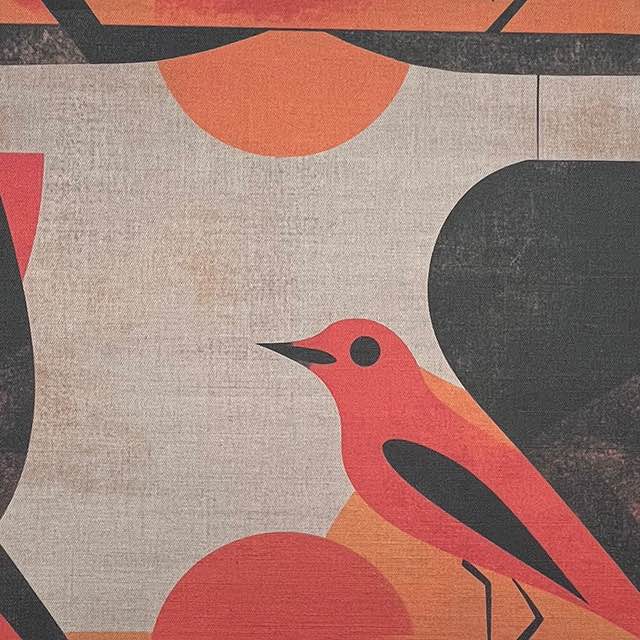 Bird No.15 luxury upholstery fabric in red and orange palette with abstract bird design – flat design