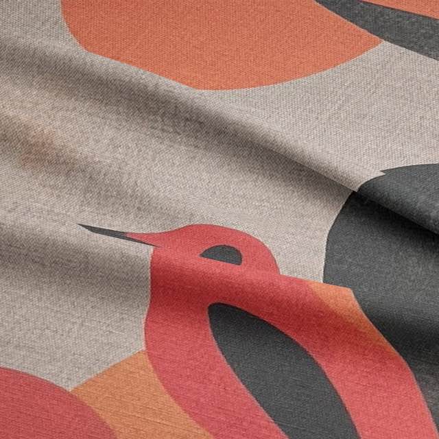 Bird No.15 luxury upholstery fabric in red and orange palette with abstract bird design for chairs