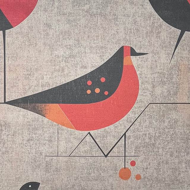 Bird No.16 luxury upholstery fabric in red and grey palette with abstract bird design – flat design