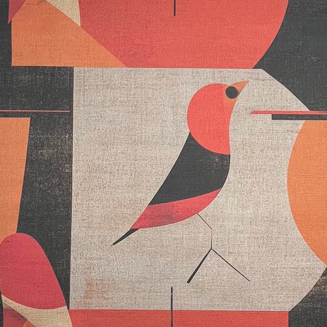 Bird No.17 luxury upholstery fabric in red and orange palette with abstract bird design – flat design