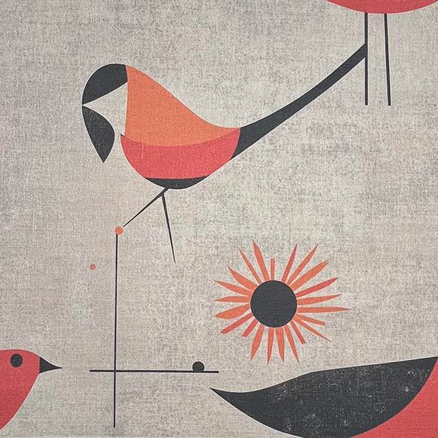 Bird No.19 luxury upholstery fabric in red and orange palette with abstract bird design – flat design