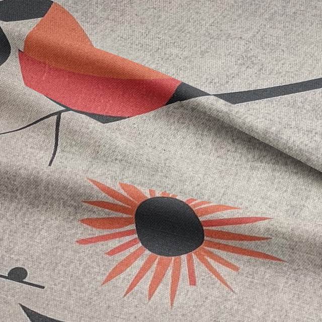 Bird No.19 luxury upholstery fabric in red and orange palette with abstract bird design for sofas