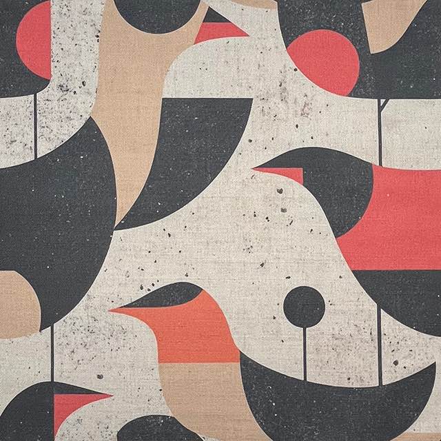 Bird No.23 luxury upholstery fabric in red and orange palette with abstract bird design – flat design