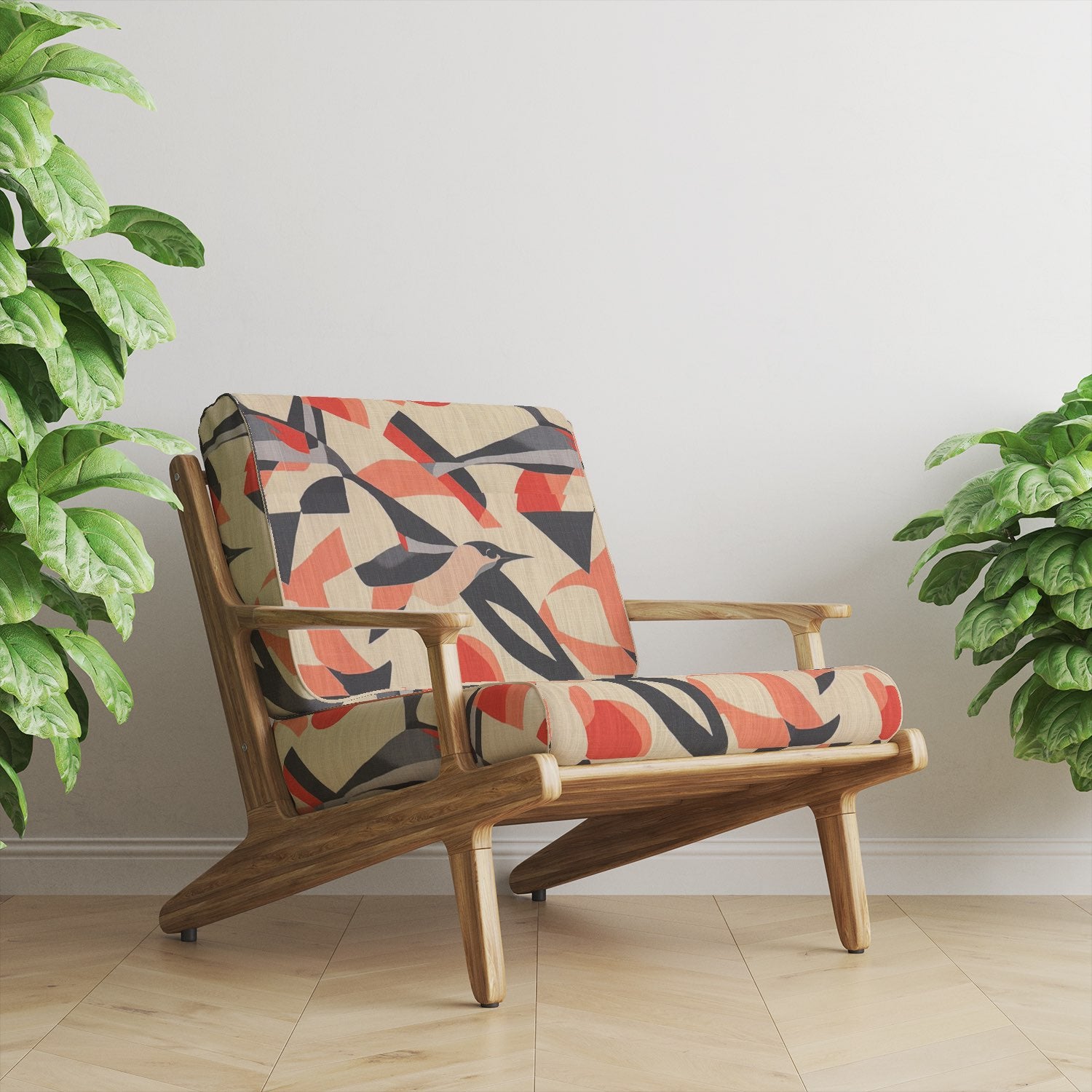 A modern wooden chair upholstered in Bird No.27 fabric, showcasing its bold, artistic design.