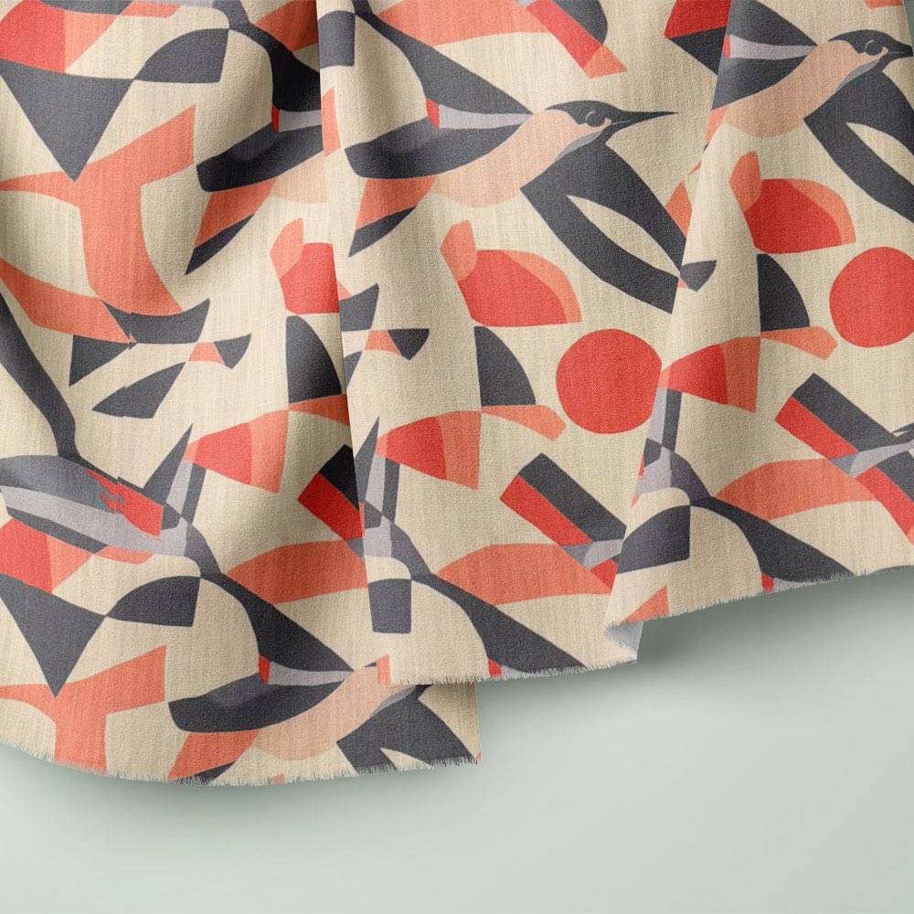 A close-up of Bird No.27 fabric with a soft drape, highlighting its texture and pattern.