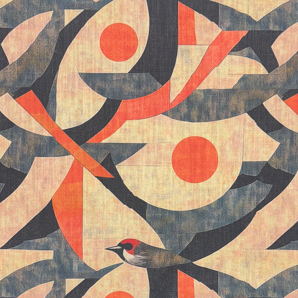 A modern designer upholstery fabric with an abstract bird motif in deep charcoal, warm beige, and bold red tones.